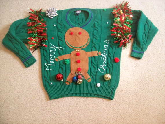 Ugly Christmas Sweater Men L Gingerbread by FunnyHolidaySweaters