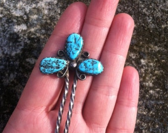 40's Native American hair stick pin/40's vintage Native American sterling & turquoise hair stick/40's handmade sterling hair stick