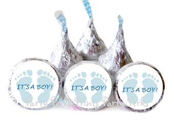 ITS A BOY Blue Baby Shower Favors Footprints Baby Feet Candy Stickers Hershey Kiss Labels Sip And See