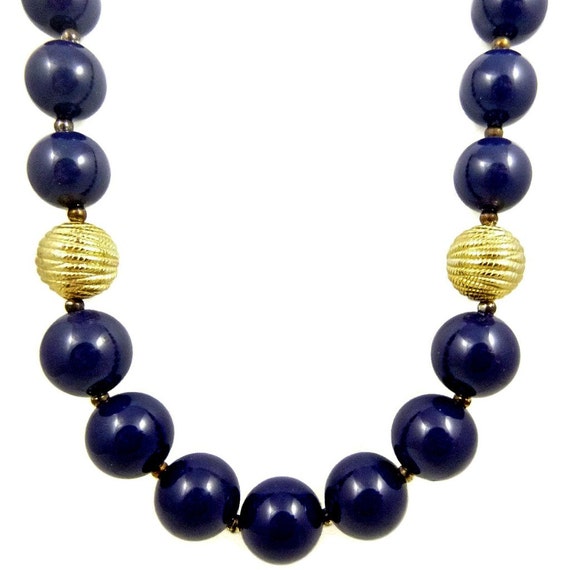 Navy Blue and Gold Bead Necklace Lucite 23 by EclecticVintager