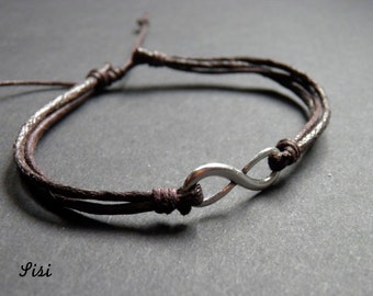 Silver Bracelet dark brown cotton cord infinity