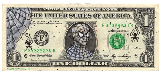 One Dollar Bill Spider-Man 7 3/4x17 Signed by GaryShipmanArtStore