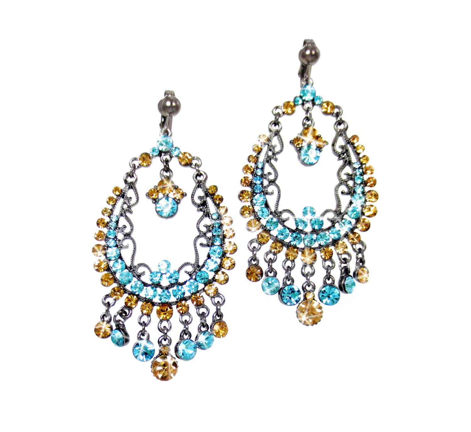 Ultra Sparkle Fancy Big Earrings Gold and Blue Dangle CLIP on