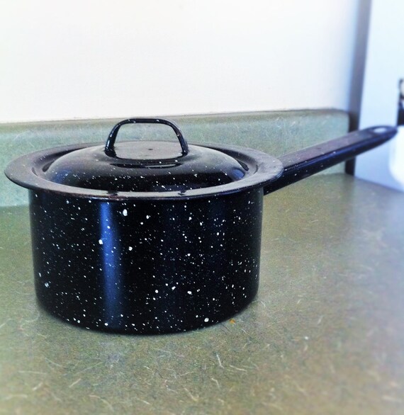 vintage enamelware black speckled sauce pan pot with by TaliGirl77