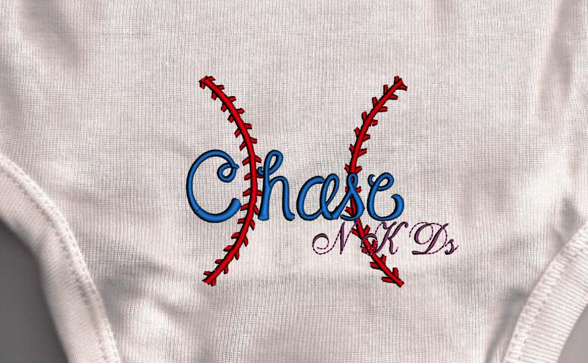 Baseball stitches Name on Bum Boys Girls Onesie Embroidered