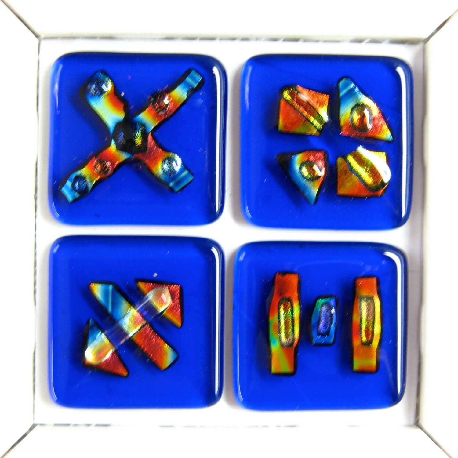 lot of 4 fused glass tiles 2 cobalt blue dichroic accent