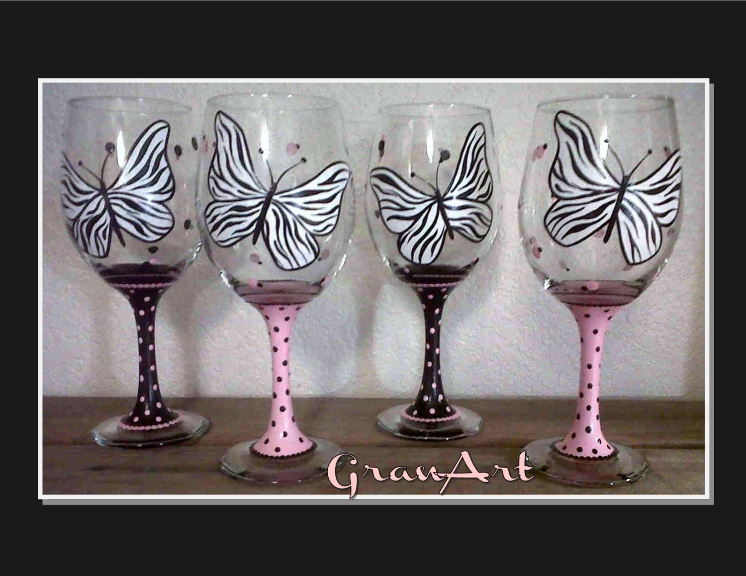 Butterfly Zebra Wine Glass Zebra Pink and Black by GranArt on Etsy