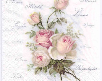 4 Decoupage Napkins | Vintage Roses of Amour | Rose Napkins | Floral Napkins | Design Dinner Napkins | Paper Napkins for Decoupage