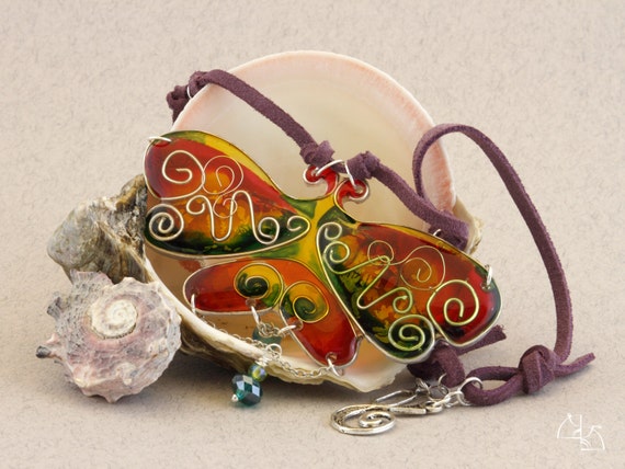 Dragonfly. Bright spring necklace with jewelry resin, silver wire hand painted