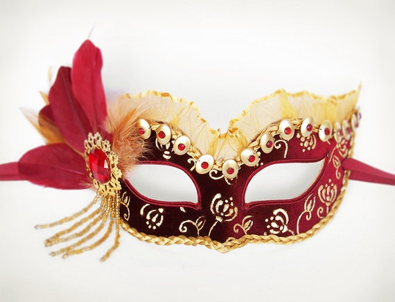 Red Gold & Burgundy Velvet Masquerade Mask With Gold by SOFFITTA