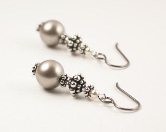 Platinum Earrings, Swarovski Platinum Pearl Earrings, Fashion Jewelry, Gift Idea for Her, Large Earrings, Hypoallergenic (Niobium) Earwires