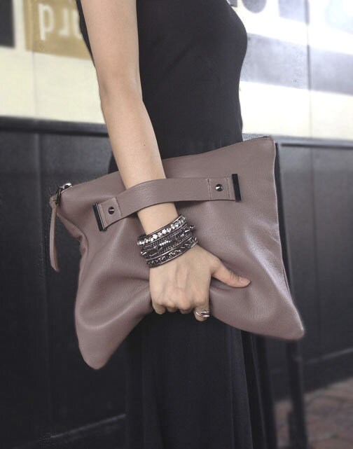 Leather clutch with handle strap foldover oversized pouch