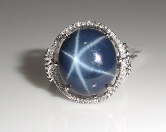 11.94 Carat Star Sapphire Ring with Diamond Halo in 14k White Gold (6804)