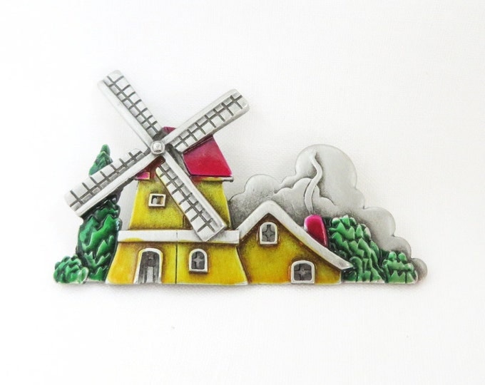 JJ PewterVintage Windmill Brooch, Yellow, Red, Green Enamel Dutch Windmill Pin