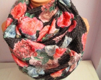Scarf, Floral Soft Tricot Infinity Scarf, Shawl Circle Scarf, Loop scarf