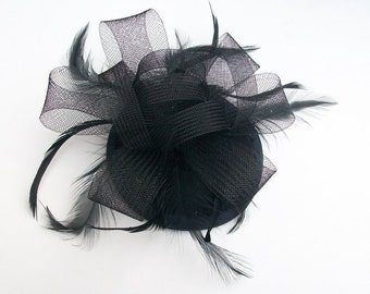 Black Fascinator Black Cocktail Hat with Black Feathers Handmade