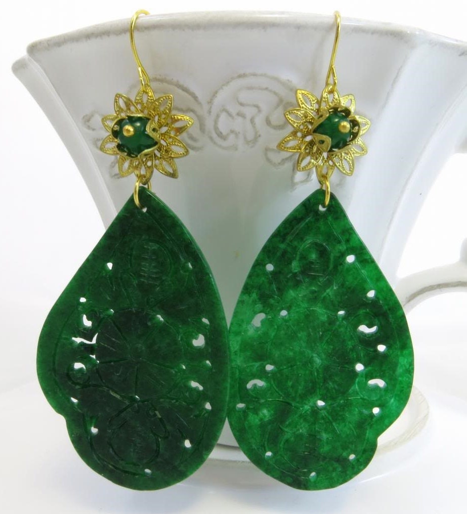 Green jade earrings dangle earrings carved drop earrings uk