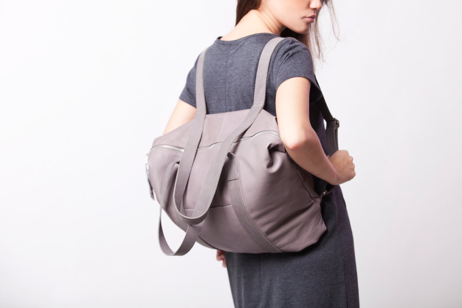 Gray convertible backpack Leather Backpack Women Leather Tote