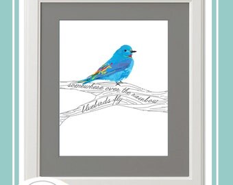 Somewhere Over the Rainbow Wall Art Bluebirds Fly 8 x 10" Printables, Encouragement, Positivity, Colorful Bird, Bluebird, Wall Art,