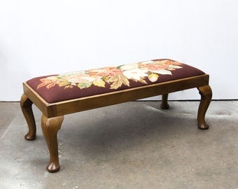 Beautiful Queen Ann Walnut Bench with Hand Stitched Needlework Seat