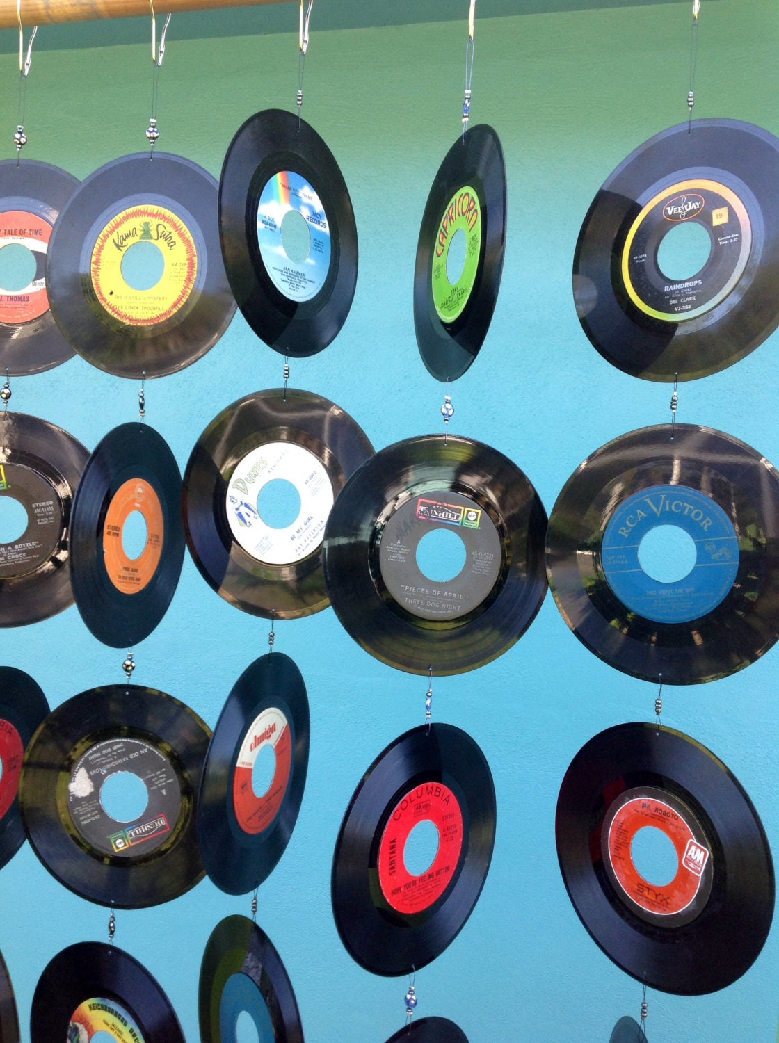 Vintage record wall hanging/ repurposed 6 strands of 5 45