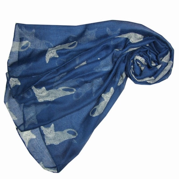  Cat  Scarf in Navy  Blue  Ladies Large Grey Cats  Wrap