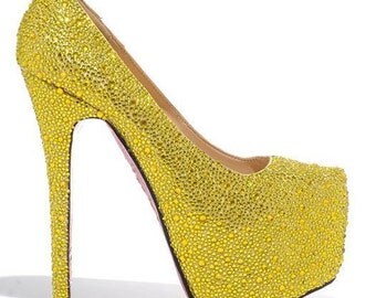 Yellow Crystal Shoe's, Yellow Wedding Shoes, Yellow Bridal Shoes, Yellow Heels, Yellow Pumps, Strass Heels, Strass Shoes, Strass Pumps