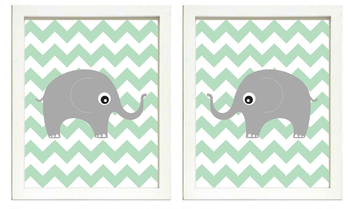 Elephant Nursery Art Nursery Print Set of 2 Elephants Mint Green Chevron Grey Child Art Prints Boy K