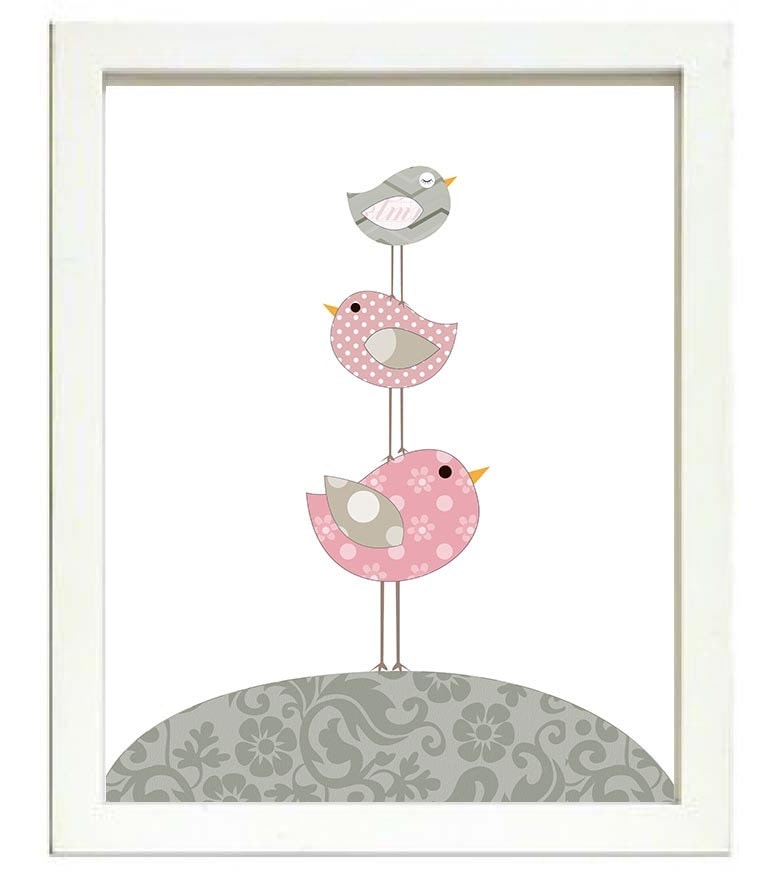 Bird Nursery Art Nursery Print Baby Art Baby Animal Birds Chicks Pink Grey Polka Dots Flowers Paisle