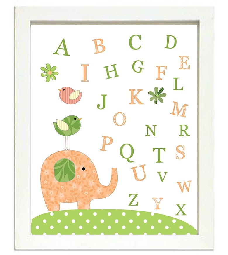 Bird Elephant Nursery Art Alphabet ABC Letters Nursery Print Baby Art Animal Chick Peach Orange Gree