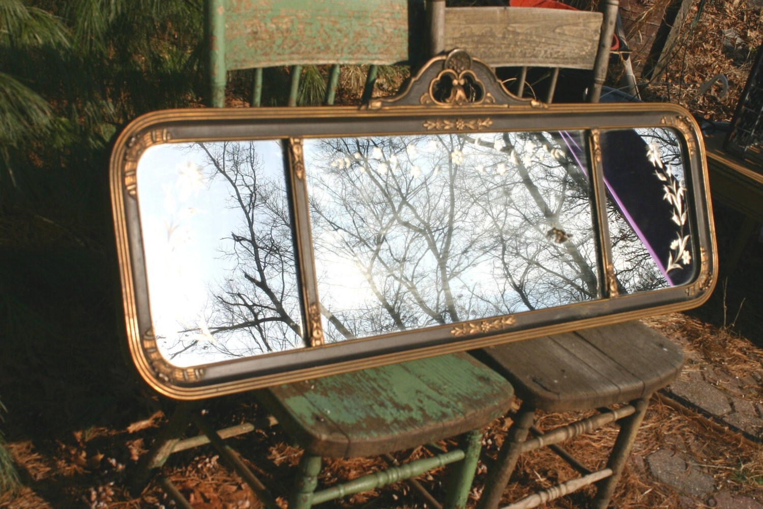 Antique Triple Mirror Mantel Buffet Gold Etched Glass