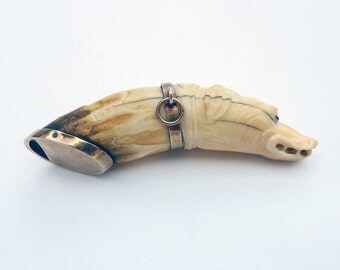 Unusual Dog Head Whistle in Antler/Bone and Gold