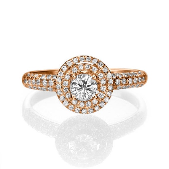 Rose Gold Double Halo Ring Diamond Engagement Ring 0.75 TCW
