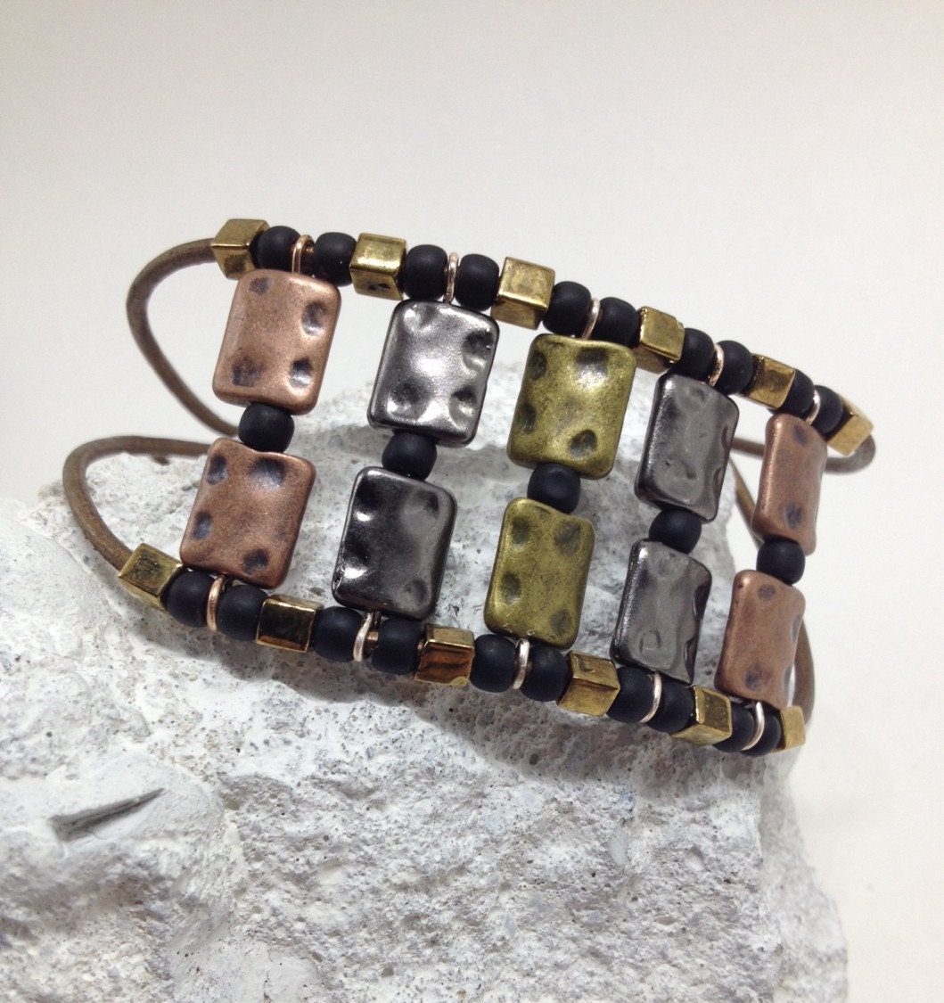 Copper Gold and Silver Leather Bracelet by SistersJewelryStudio
