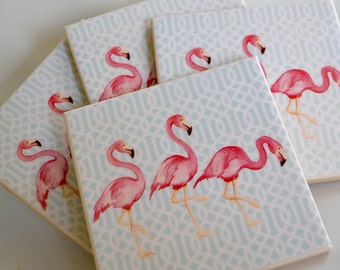 Ceramic Tile Coasters - 3 Flamingos Retro Style 001