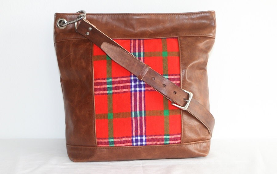 SALE Brown Leather Shoulder Bag with Kenyan Masai Cloth