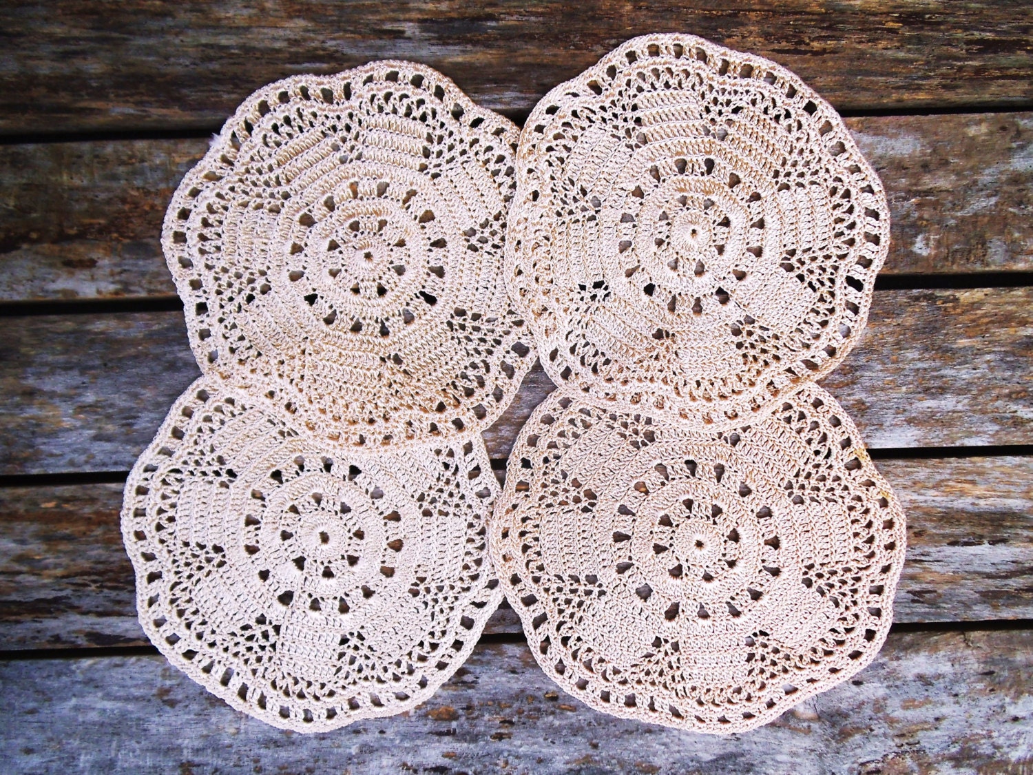 Hand Crocheted Doilies. Set of 4 Small Silky Doilies. Dressing Table