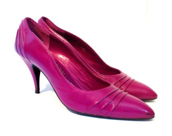 Pink Heels Vintage Leather Fushia Magenta Pumps Pointy Stilettos Women ...