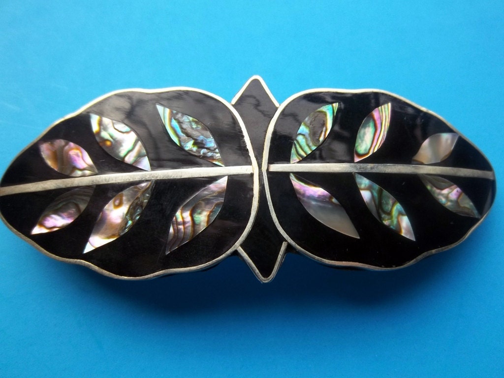 ALPACA SILVER BARRETTE Abalone Shell Vintage Inlaid Inlay  display picture 1
