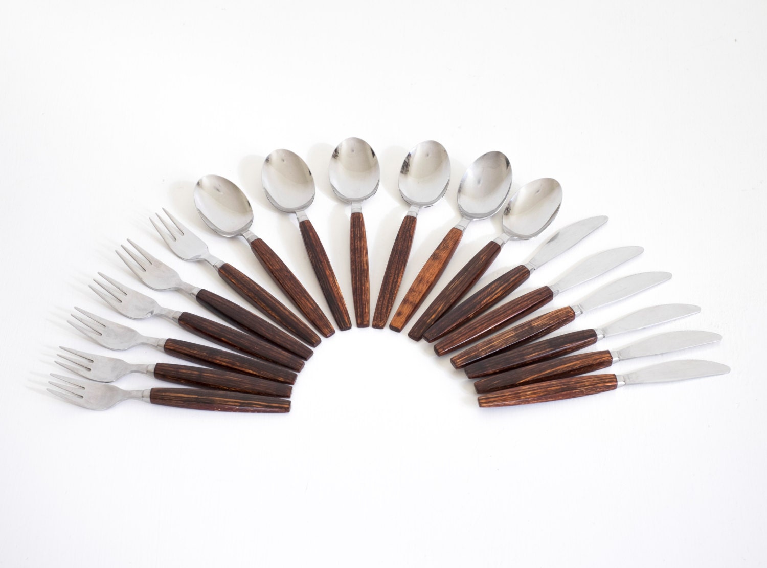 18pc. Danish Modern Flatware Rosewood1960s Vintage Cutlery Stainless