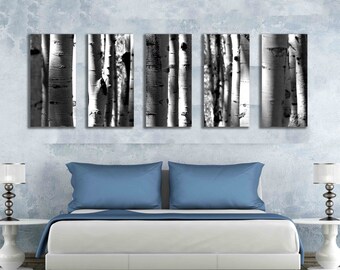 Five multi panel 10x20 inch canvas print black and white aspen tree photograph, 60 wide wall hanging mural panoramic wall art nature artwork