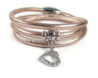 Rose Gold Leather Wrap Bracelet, Womens Leather Bracelet, Leather Jewelry, Triple Wrap Leather Bracelet, Leather Charm Bracelet
