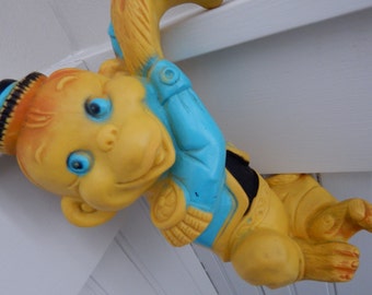 Child's Rubber Squeeze Toy Hanging Monkey Organ Grinder - Hangs on Crib, Dresser, Shelf - 1950's Childs Toy
