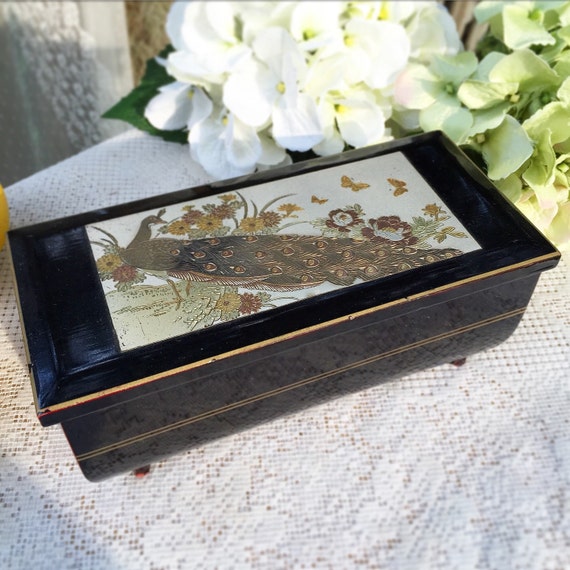 Chokin Japanese Music Jewelry Box Peacock oriental black
