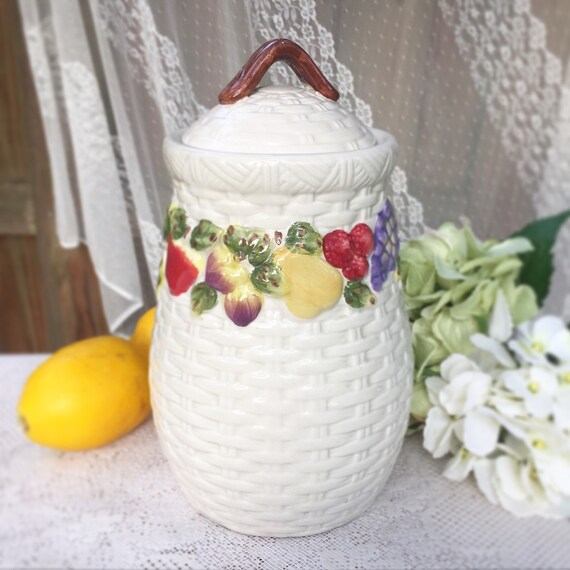 Fruit Cookie jar w/ basket weave kitchen Storage canister