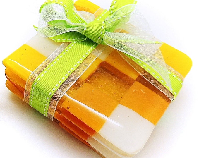 Yellow glass coaster set. Fused glass tiles. Gifts for her. Interior decor. Housewarming wedding anniversary birthday thank you leaving gift