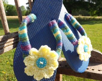 Hand Embellished Crochet Flower Flip-Flops - Girls Large