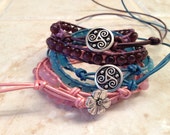 Young Teen Girls Cat's Eye Matching Leather and Thread Antique Silver Button Double Wrap Bracelet CUSTOM ORDERS TAKEN