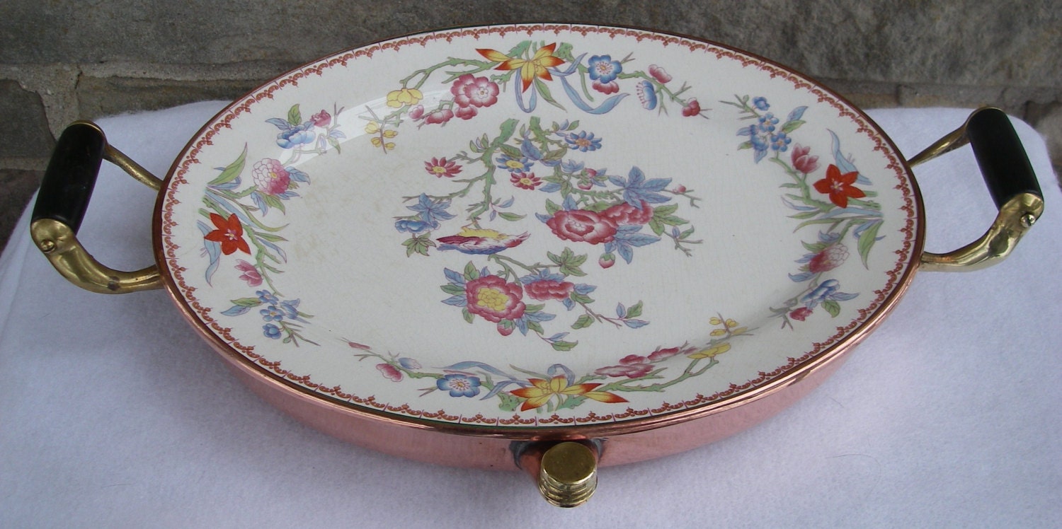 Antique Warming Plate Copper and Porcelain Hot Water Filled