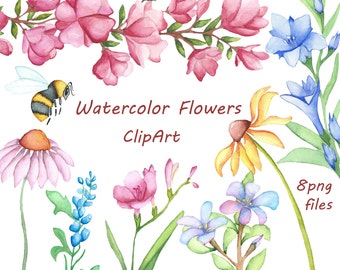 Watercolor Flowers Clipart, Digital Clipart, watercolor clipart, watercolor clip art, Hand Painted clipart, PNG, Personal and Commercial use